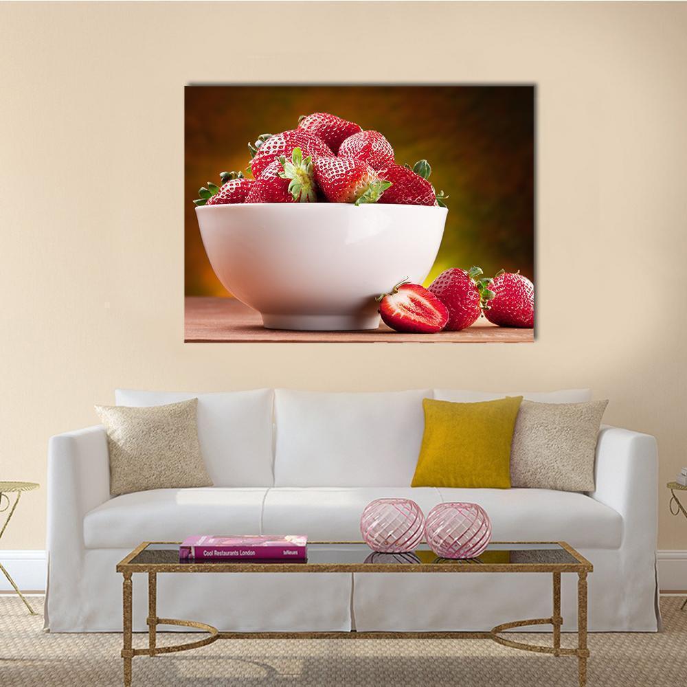 Strawberries In Bowl Canvas Wall Art-4 Horizontal-Gallery Wrap-34" x 24"-Tiaracle