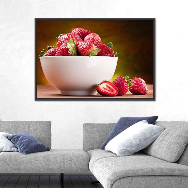 Strawberries In Bowl Canvas Wall Art-3 Horizontal-Gallery Wrap-25" x 16"-Tiaracle
