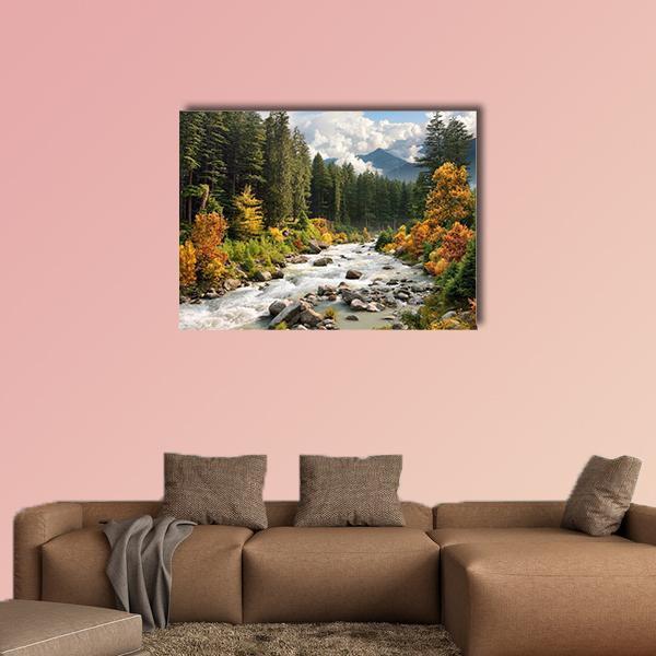 Mountain Stream in Autumn Forest Canvas Wall Art in brown, orange and green, single panel hung on a wall