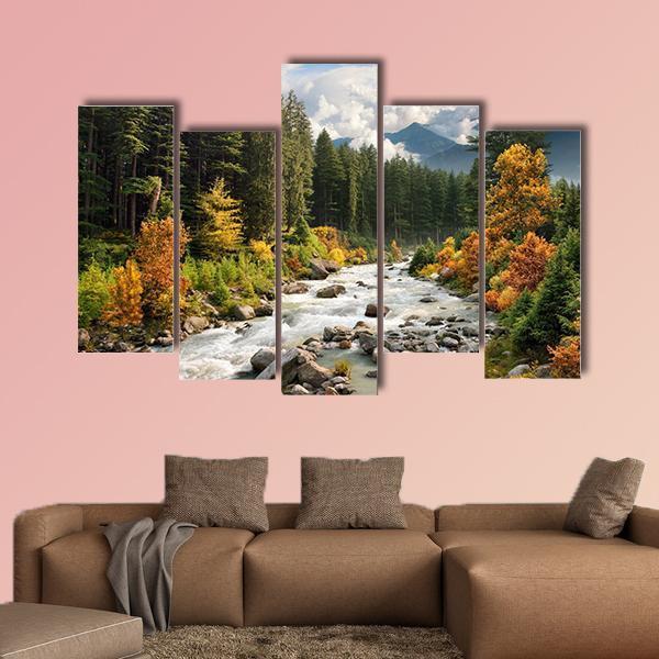 Stream & Forest Canvas Wall Art-5 Pop-Gallery Wrap-47" x 32"-Tiaracle