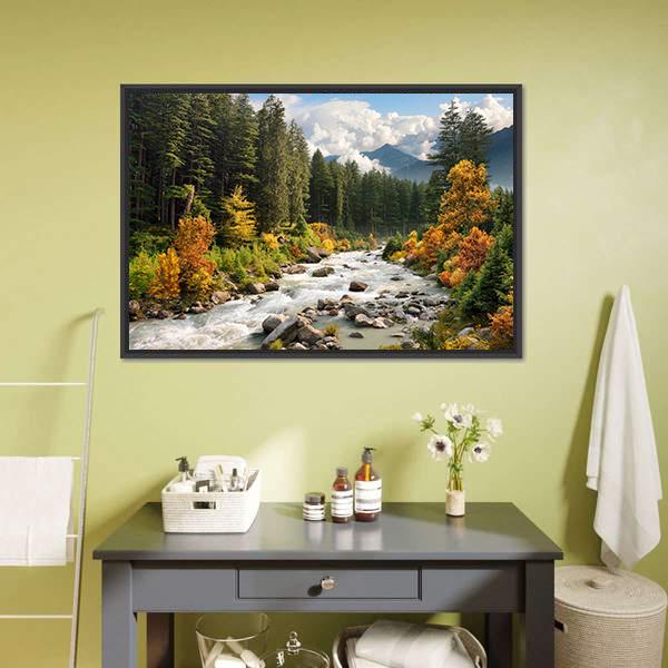 Mountain Stream in Autumn Forest Canvas Wall Art in brown, orange and green, framed canvas, product view on a white background