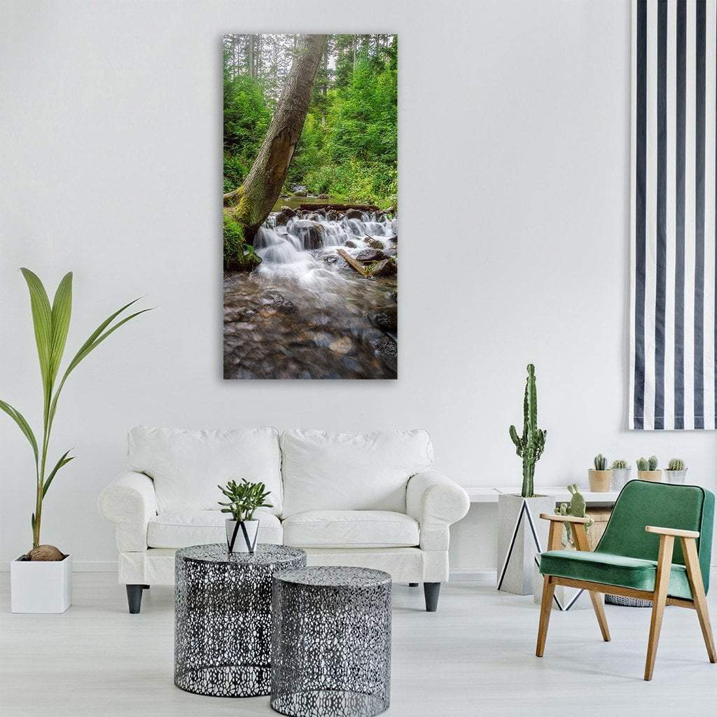 Stream Fall In Green Forest Vertical Canvas Wall Art-1 Vertical-Gallery Wrap-12" x 24"-Tiaracle