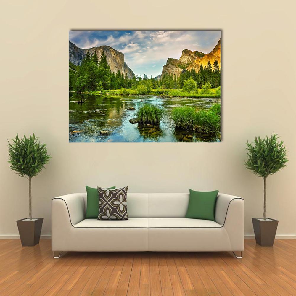 Yosemite Stream Flowing Through Rocky Landscape Canvas Wall Art in gray, green and blue, single panel hung on a wall
