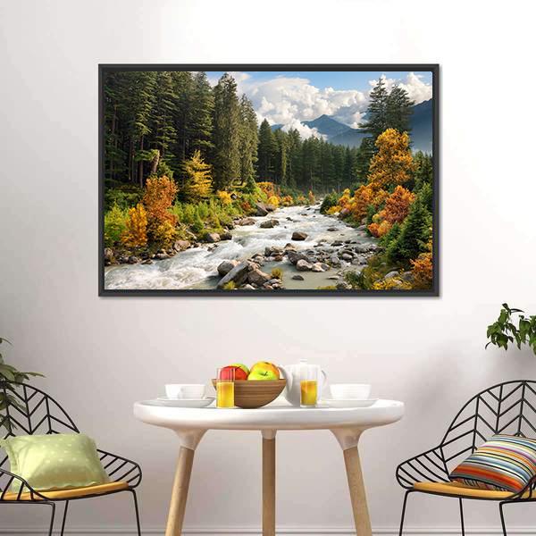 Stream &amp; Forest Canvas Wall Art-1 Piece-Floating Frame-24" x 16"-Tiaracle