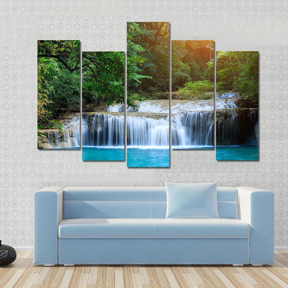 Stream In Green Forest Jungle Canvas Wall Art-5 Pop-Gallery Wrap-47&quot; x 32&quot;-Tiaracle