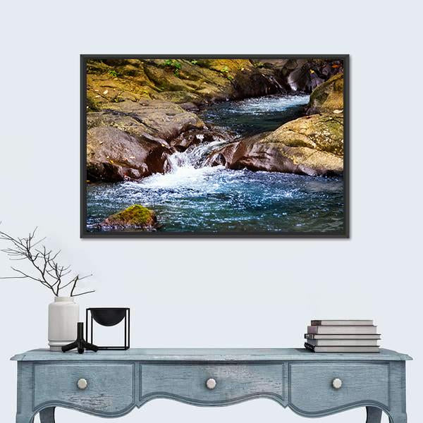 Stream In Rain Forest With Little Waterfalls Canvas Wall Art-1 Piece-Floating Frame-24" x 16"-Tiaracle
