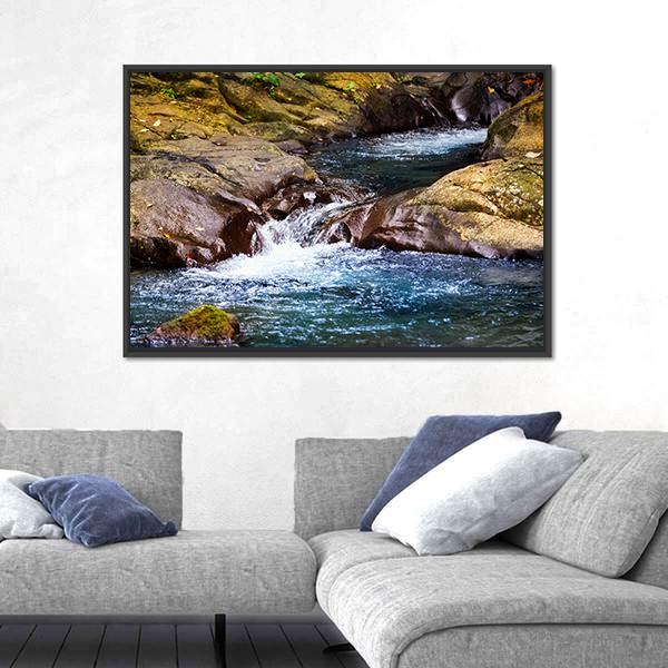 Stream In Rain Forest With Little Waterfalls Canvas Wall Art-3 Horizontal-Gallery Wrap-25" x 16"-Tiaracle