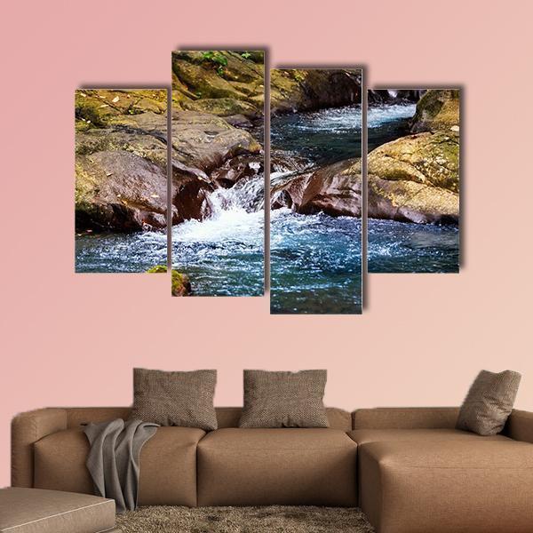 Stream In Rain Forest With Little Waterfalls Canvas Wall Art-4 Pop-Gallery Wrap-50" x 32"-Tiaracle