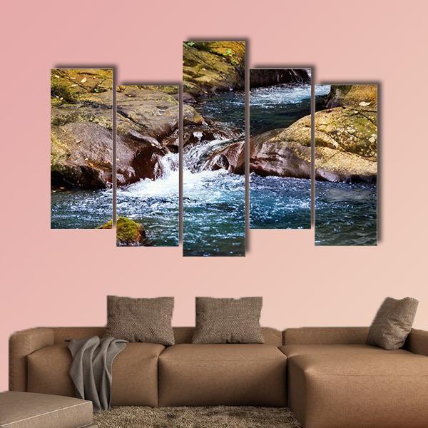 Stream In Rain Forest With Little Waterfalls Canvas Wall Art-5 Pop-Gallery Wrap-47" x 32"-Tiaracle