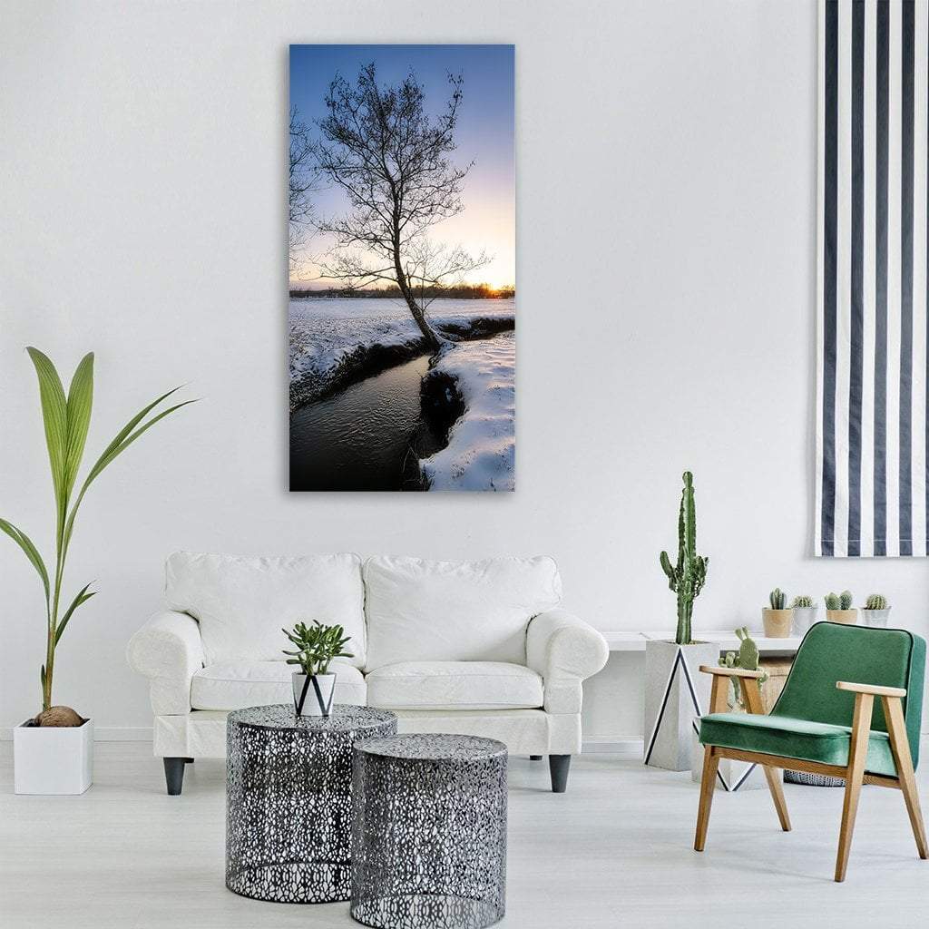 Stream In Snow Landscape Vertical Canvas Wall Art-1 Vertical-Gallery Wrap-12" x 24"-Tiaracle