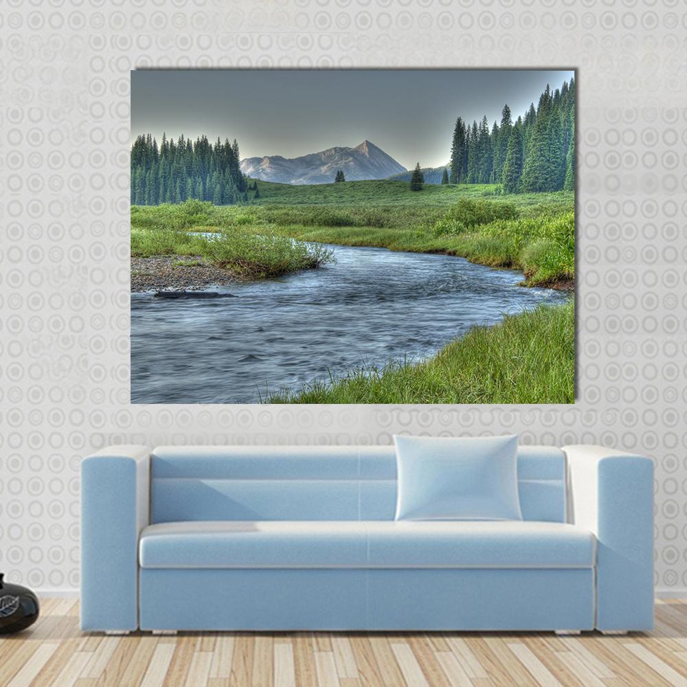 Mountain Stream in Summer Canvas Wall Art in gray, green and blue, single panel hung on a wall