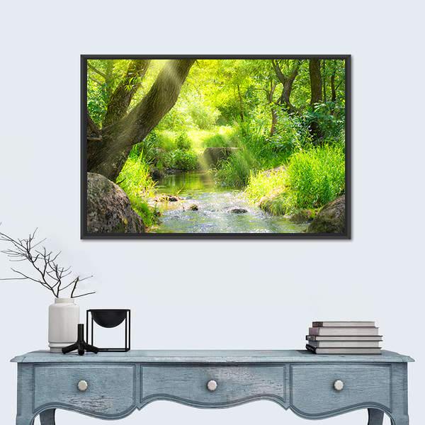 Stream In The Tropical Forest Canvas Wall Art-1 Piece-Floating Frame-24" x 16"-Tiaracle