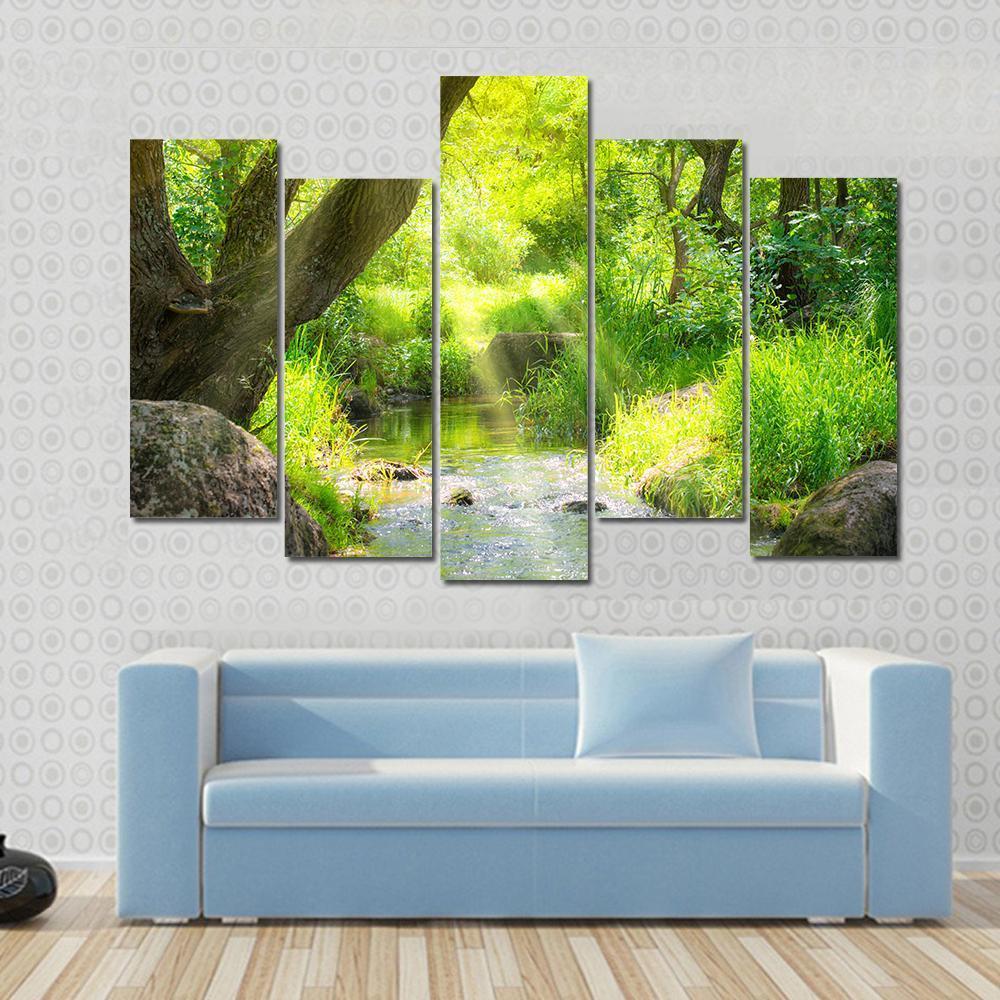 Stream In The Tropical Forest Canvas Wall Art-5 Pop-Gallery Wrap-47" x 32"-Tiaracle