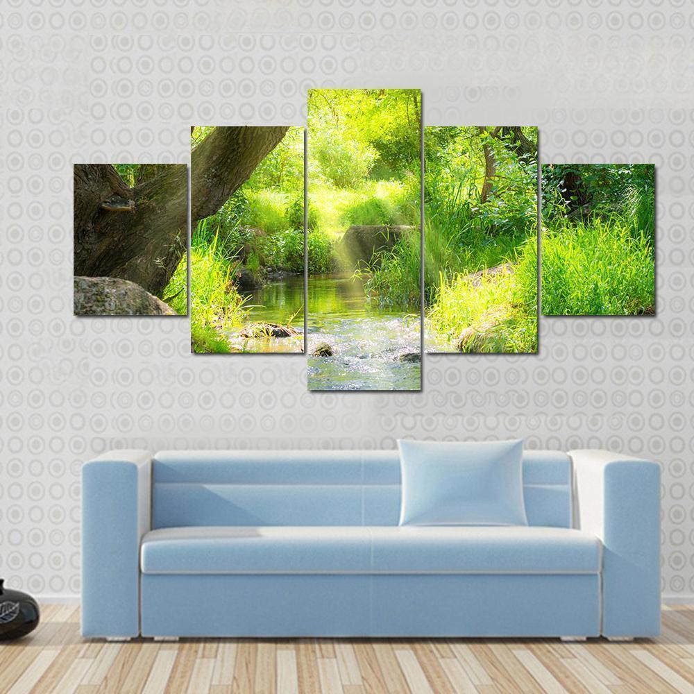 Stream In The Tropical Forest Canvas Wall Art-5 Star-Gallery Wrap-62" x 32"-Tiaracle