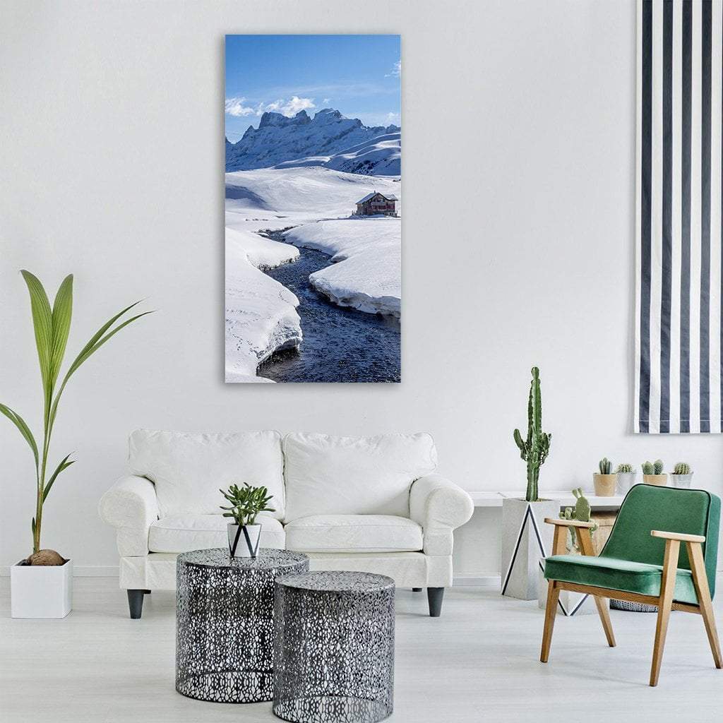 Stream In Winter Mountain Vertical Canvas Wall Art-1 Vertical-Gallery Wrap-12" x 24"-Tiaracle