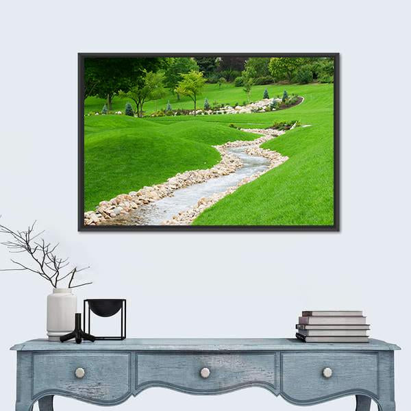 Stream Of Water Flowing Through Grassy Hills With Trees Canvas Wall Art-1 Piece-Floating Frame-24" x 16"-Tiaracle