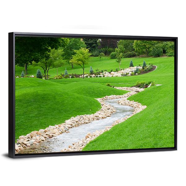 Stream Of Water Flowing Through Grassy Hills With Trees Canvas Wall Art-3 Horizontal-Gallery Wrap-25" x 16"-Tiaracle