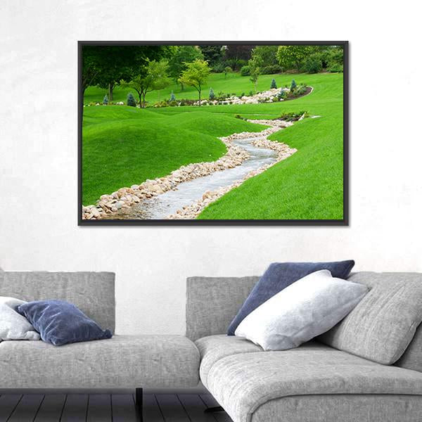Stream Of Water Flowing Through Grassy Hills With Trees Canvas Wall Art-3 Horizontal-Gallery Wrap-25" x 16"-Tiaracle