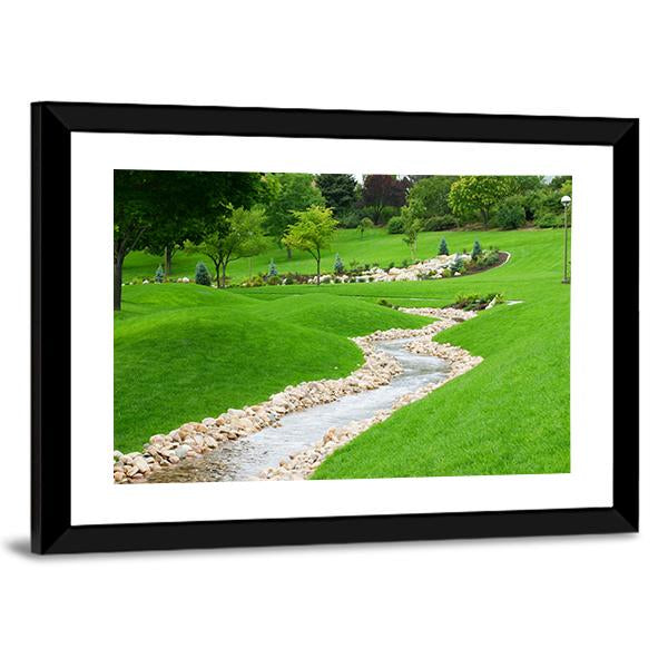 Stream Of Water Flowing Through Grassy Hills With Trees Canvas Wall Art-3 Horizontal-Gallery Wrap-25" x 16"-Tiaracle