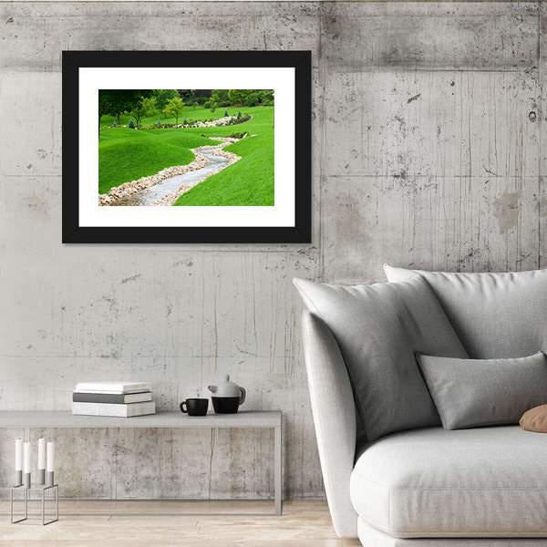 Stream Of Water Flowing Through Grassy Hills With Trees Canvas Wall Art-3 Horizontal-Gallery Wrap-25" x 16"-Tiaracle