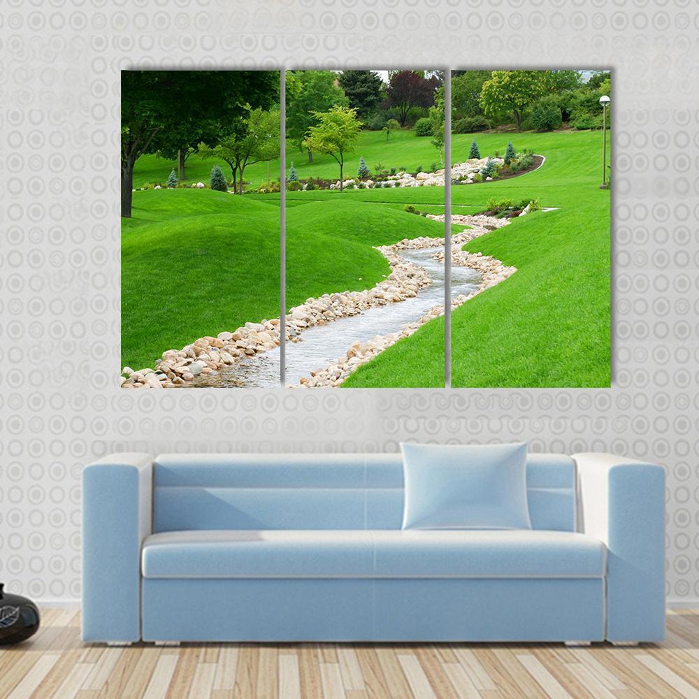 Stream Of Water Flowing Through Grassy Hills With Trees Canvas Wall Art-3 Horizontal-Gallery Wrap-37" x 24"-Tiaracle