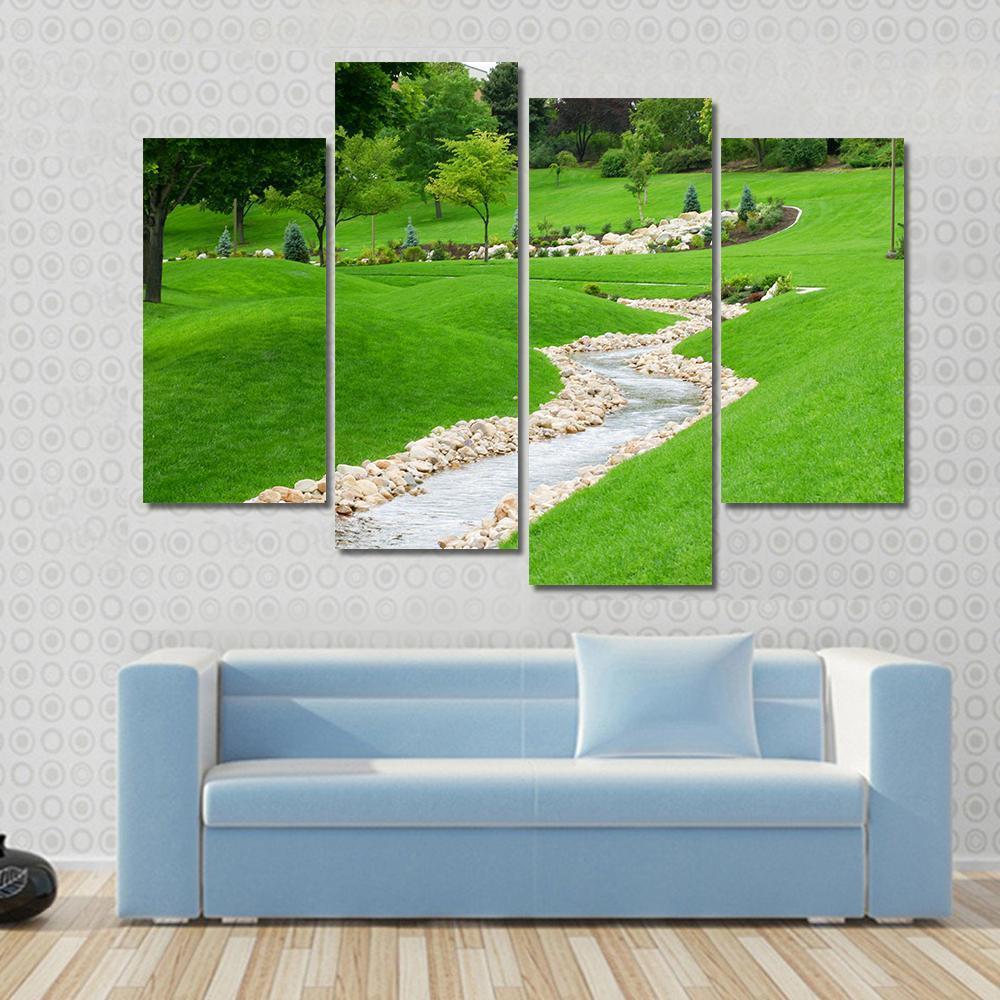 Stream Of Water Flowing Through Grassy Hills With Trees Canvas Wall Art-4 Pop-Gallery Wrap-50" x 32"-Tiaracle