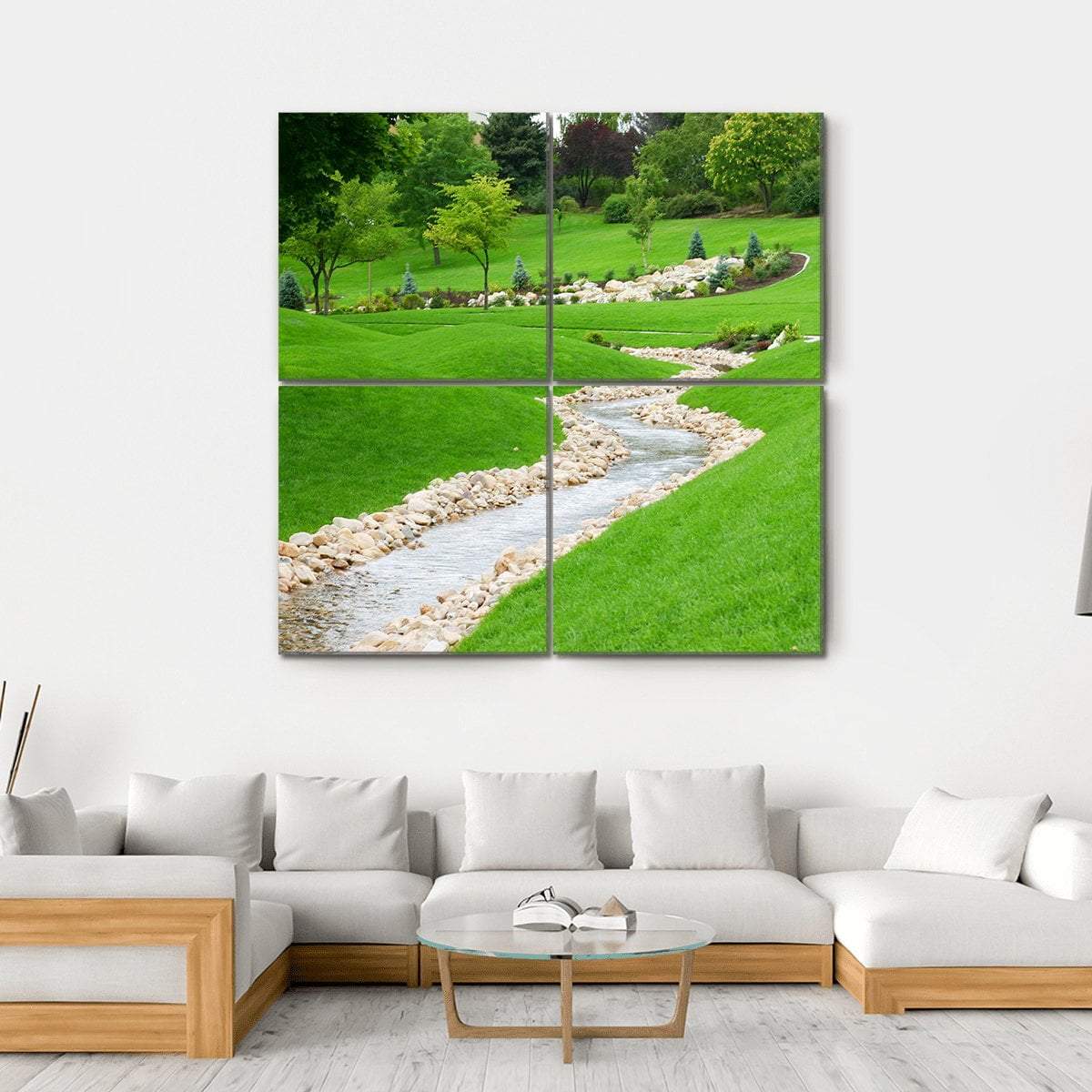 Stream Of Water Flowing Through Grassy Hills With Trees Canvas Wall Art-4 Square-Gallery Wrap-17" x 17"-Tiaracle