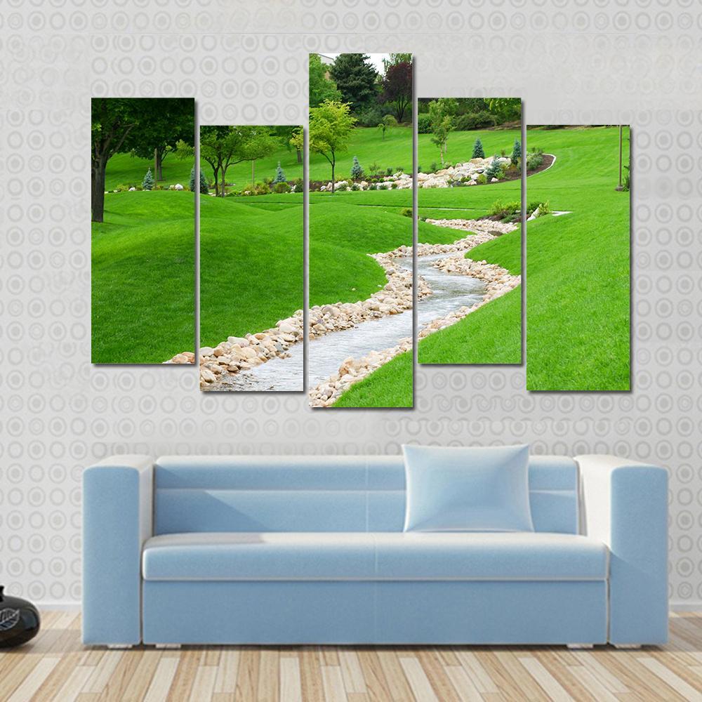 Stream Of Water Flowing Through Grassy Hills With Trees Canvas Wall Art-5 Pop-Gallery Wrap-47" x 32"-Tiaracle