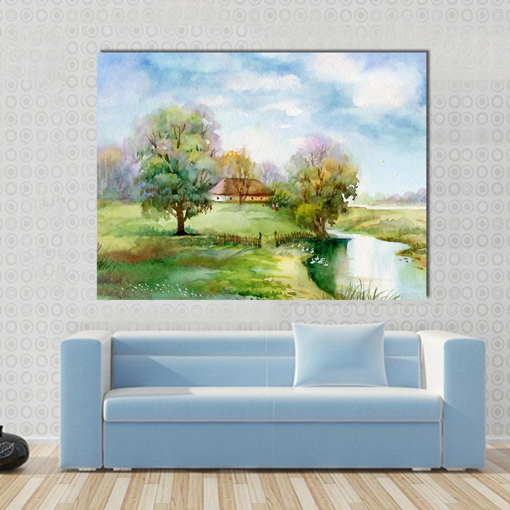 Stream Passing Through Small Village Canvas Wall Art in green and blue, single panel hung on a wall
