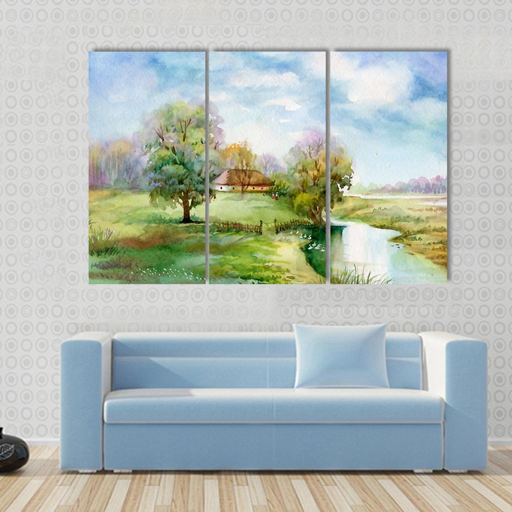 Stream Passing Through Small Village Canvas Wall Art-4 Pop-Gallery Wrap-50" x 32"-Tiaracle