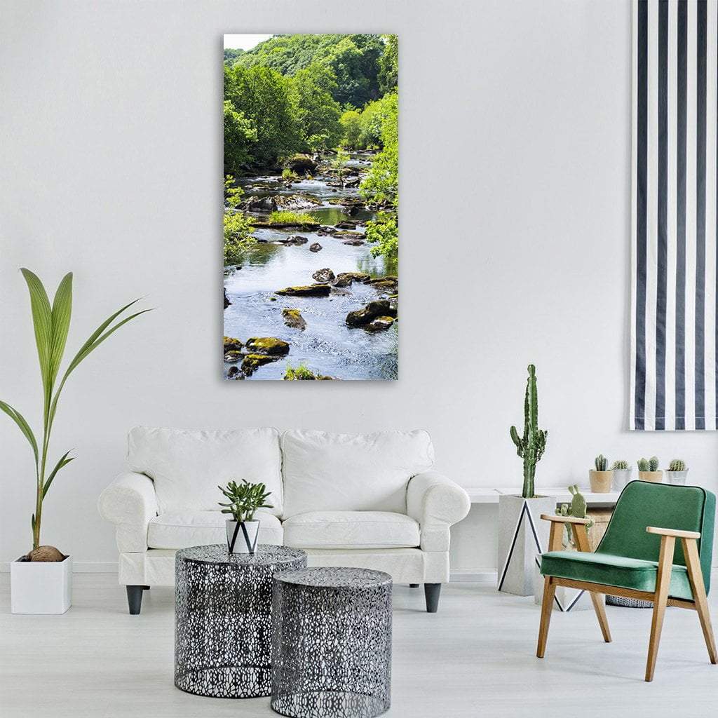 Stream Water In Green Forest Trees Vertical Canvas Wall Art-1 Vertical-Gallery Wrap-12" x 24"-Tiaracle