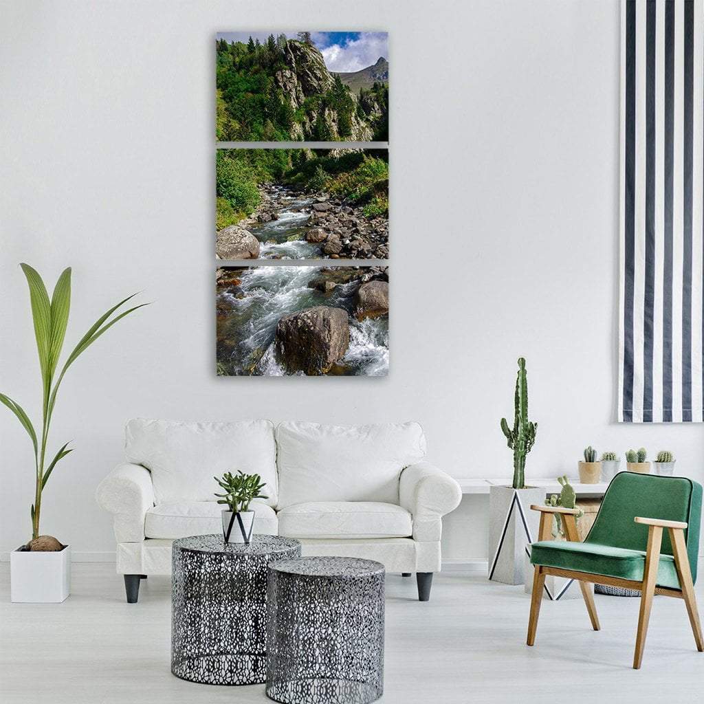 Streaming In Green Forest Vertical Canvas Wall Art-3 Vertical-Gallery Wrap-12" x 25"-Tiaracle