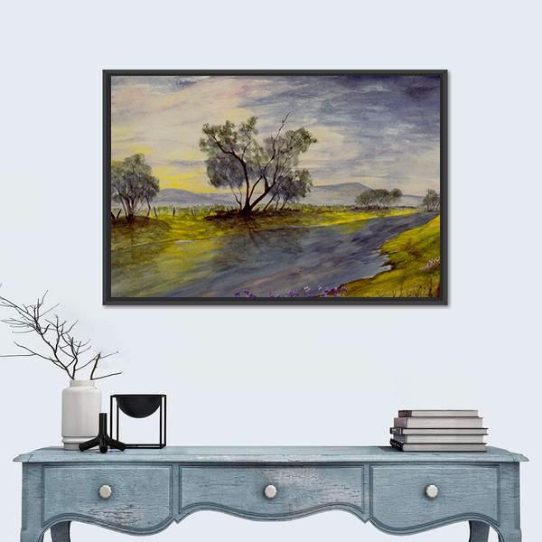 Streams Flowing Down The Mountains Canvas Wall Art-1 Piece-Floating Frame-24" x 16"-Tiaracle