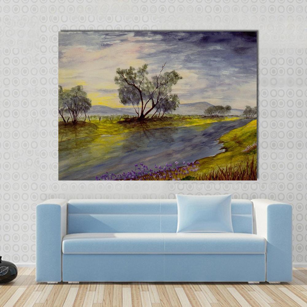 Streams Flowing Down the Mountains Canvas Wall Art in yellow, green and blue, single panel hung on a wall