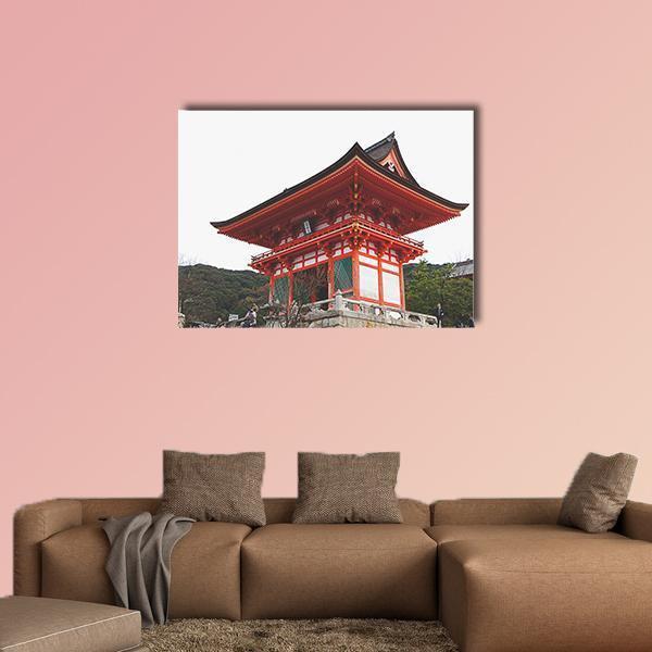 Kiyomizu Temple Street Scene Canvas Wall Art in white, red and orange, single panel hung on a wall