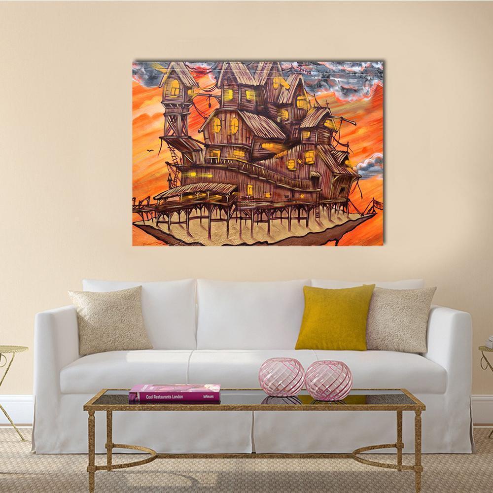 Haunted House Graffiti at Dusk Canvas Wall Art in brown, orange and yellow, single panel hung on a wall