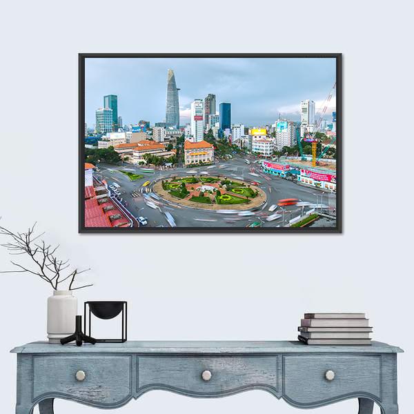 Ho Chi Minh City Aerial Street Scene Canvas Wall Art in gray and blue, framed canvas, product view on a white background