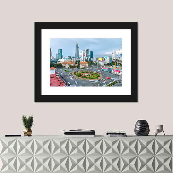 Ho Chi Minh City Aerial Street Scene Canvas Wall Art in gray and blue, framed print, product view on a white background