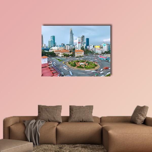 Ho Chi Minh City Aerial Street Scene Canvas Wall Art in gray and blue, single panel hung on a wall