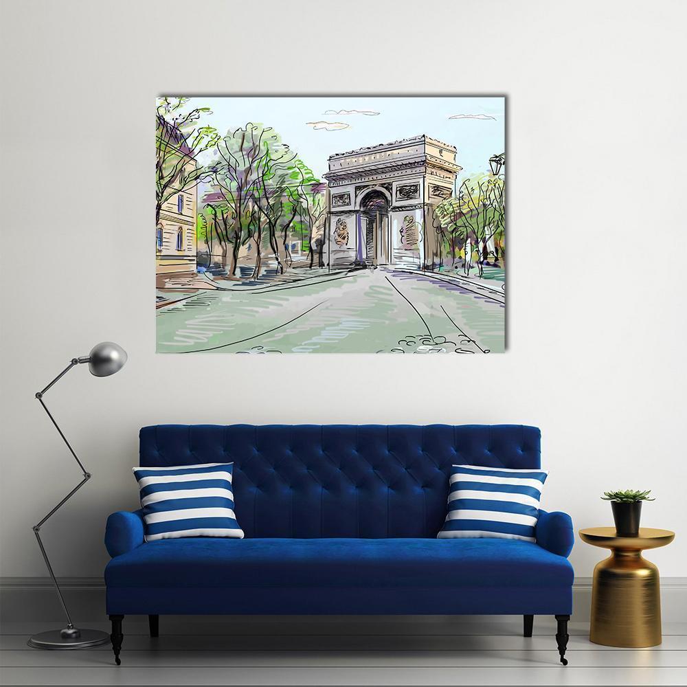 Paris Street with Arc De Triomphe Canvas Wall Art in gray, beige and green, hung on a wall