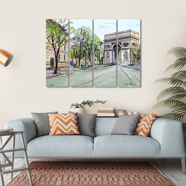 Paris Street with Arc De Triomphe Canvas Wall Art in gray, beige and green, hung on a wall