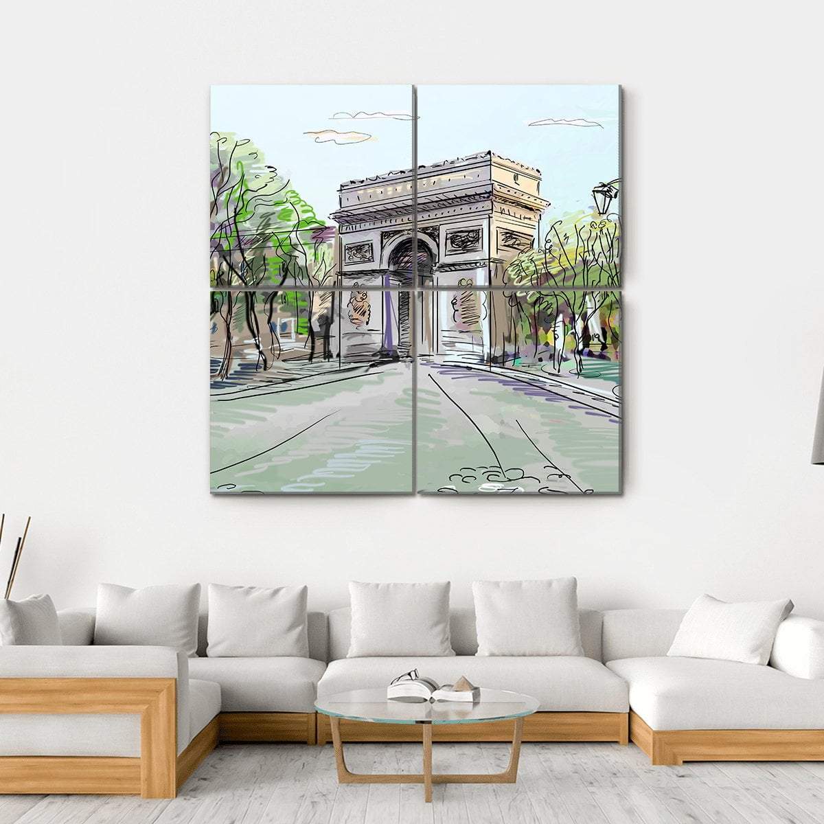 Paris Street with Arc De Triomphe Canvas Wall Art in gray, beige and green, hung on a wall