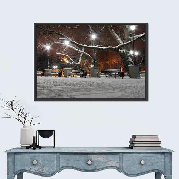 Street Lanterns In Park At Winter Night Canvas Wall Art-1 Piece-Floating Frame-24" x 16"-Tiaracle