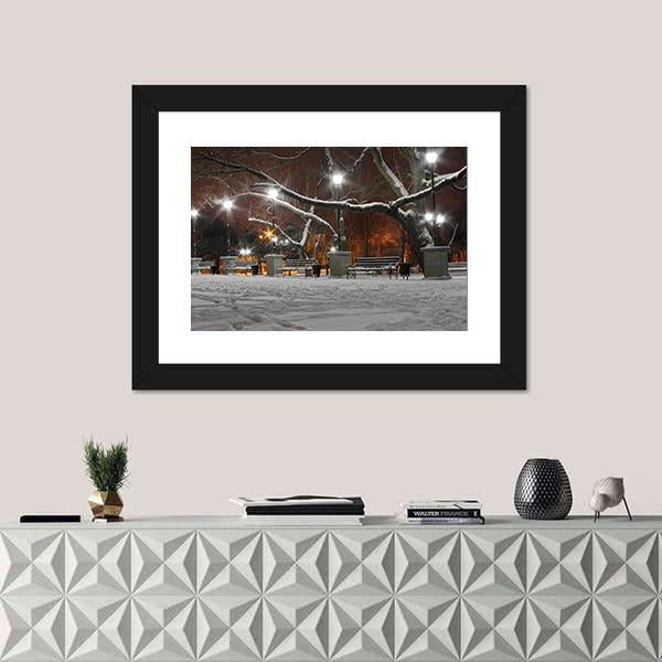 Street Lanterns In Park At Winter Night Canvas Wall Art-1 Piece-Framed Print-20" x 16"-Tiaracle