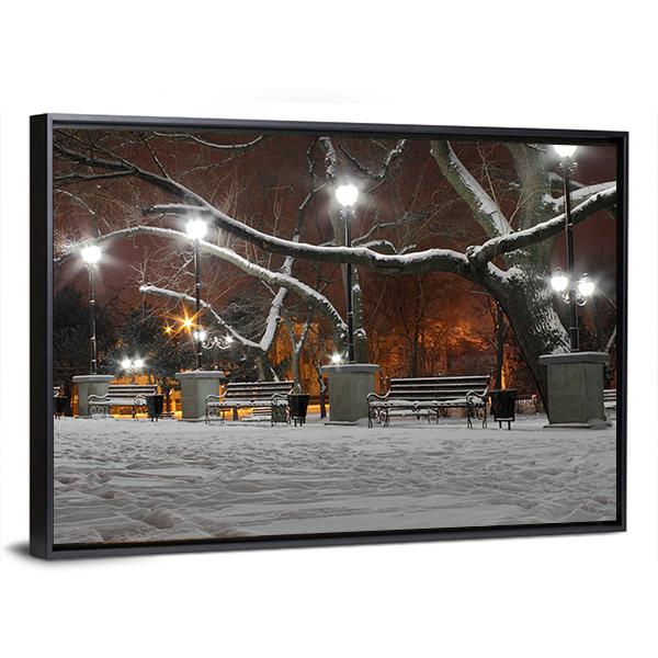 Street Lanterns In Park At Winter Night Canvas Wall Art-3 Horizontal-Gallery Wrap-25" x 16"-Tiaracle