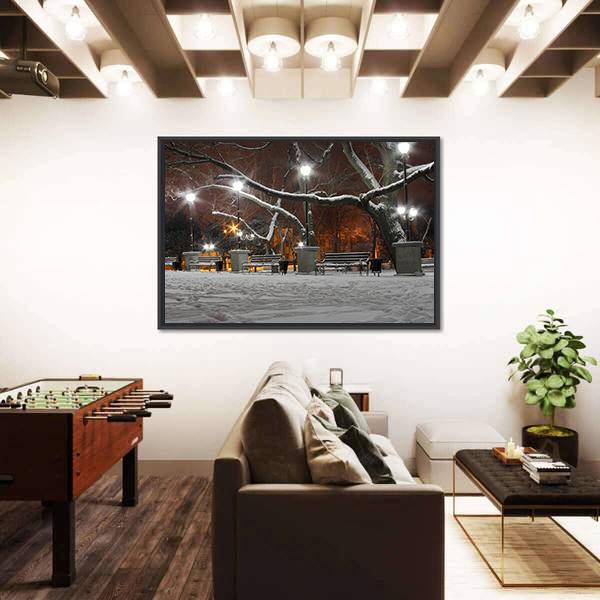 Street Lanterns In Park At Winter Night Canvas Wall Art-3 Horizontal-Gallery Wrap-25" x 16"-Tiaracle