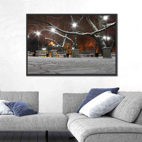 Street Lanterns In Park At Winter Night Canvas Wall Art-3 Horizontal-Gallery Wrap-25" x 16"-Tiaracle