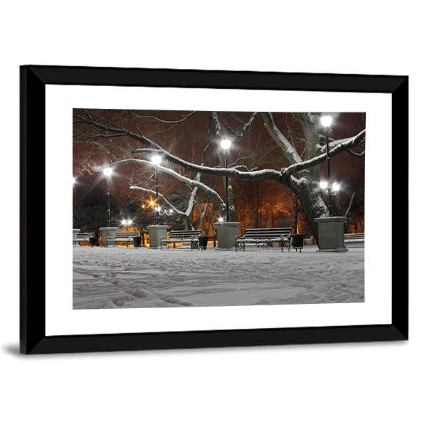 Street Lanterns In Park At Winter Night Canvas Wall Art-3 Horizontal-Gallery Wrap-25" x 16"-Tiaracle