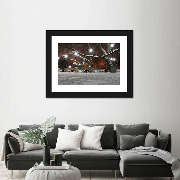 Street Lanterns In Park At Winter Night Canvas Wall Art-3 Horizontal-Gallery Wrap-25" x 16"-Tiaracle