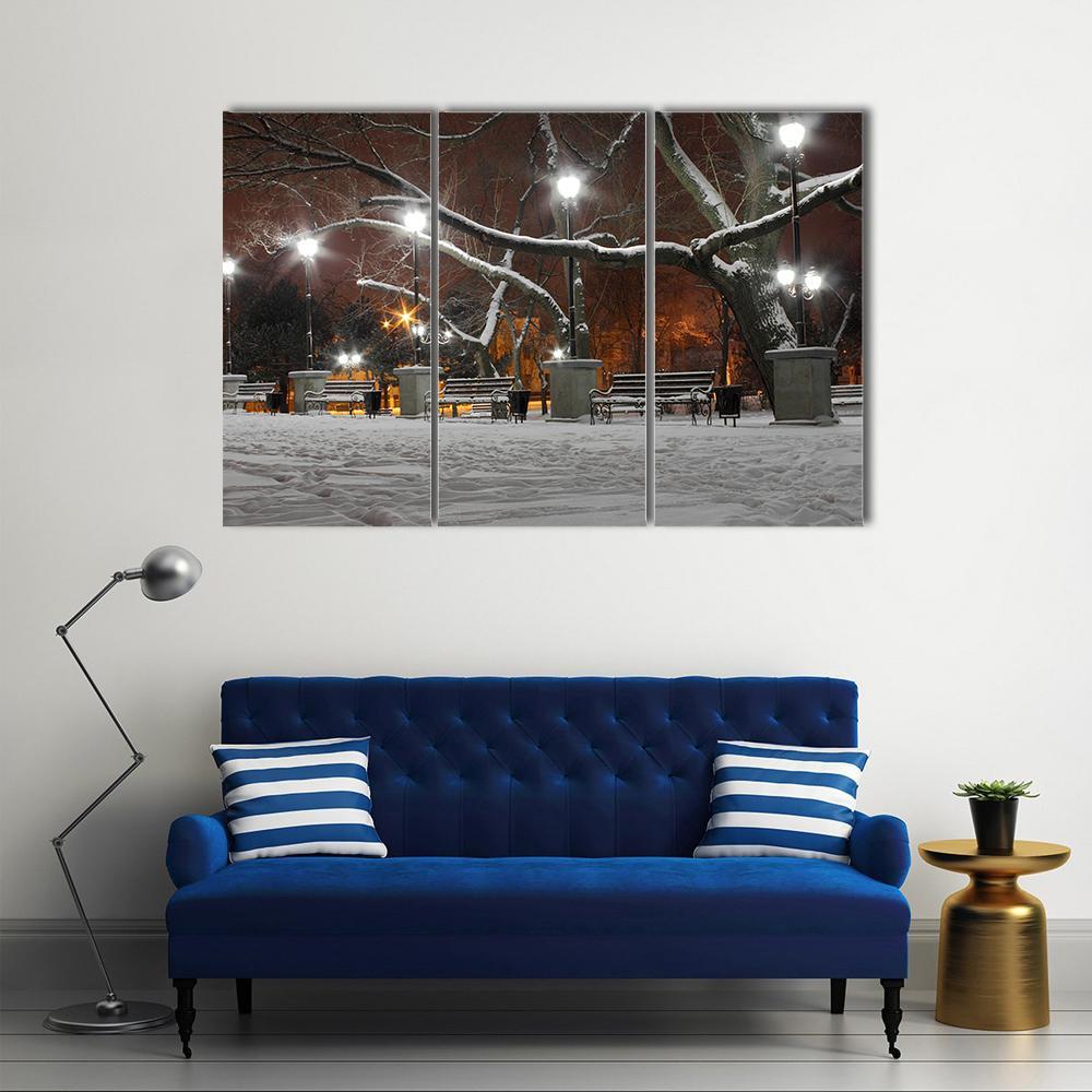 Street Lanterns In Park At Winter Night Canvas Wall Art-3 Horizontal-Gallery Wrap-37" x 24"-Tiaracle